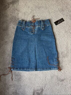 Kaity Blue Denim Lace Up Y2K Midi Skirt Studded Grommet Detail SIZE 7/8